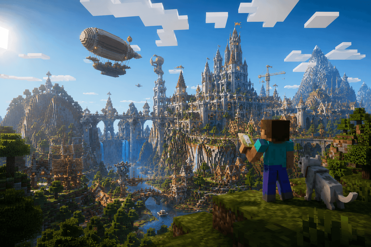 A vast castle megabuild with an airship, created in creative mode
