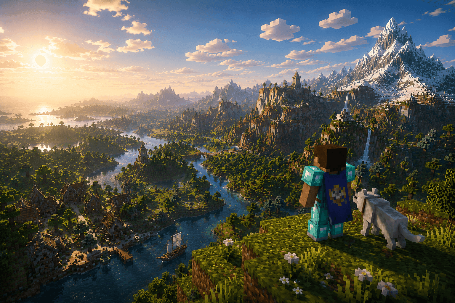 A player and wolf overlooking an endless generated landscape