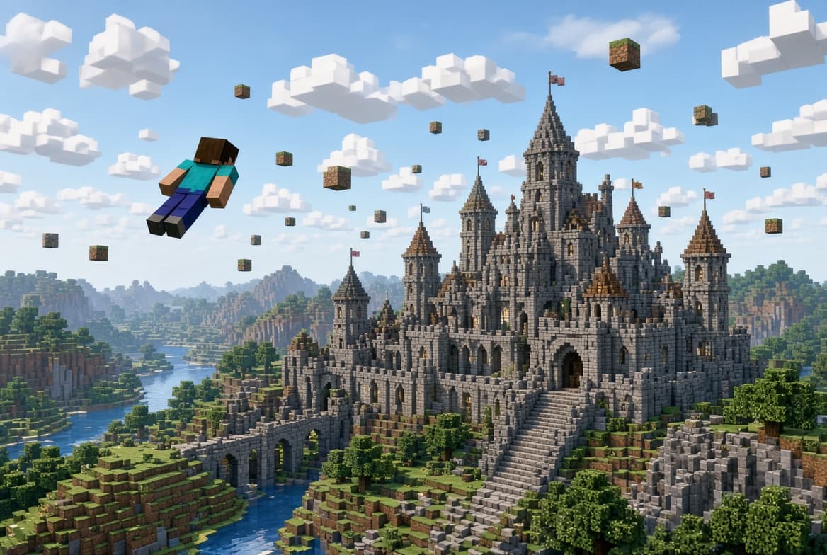 A player flying over a vast stone castle built in creative mode