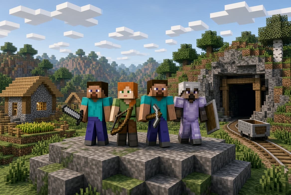 Four players together on a stone ledge by a mine entrance