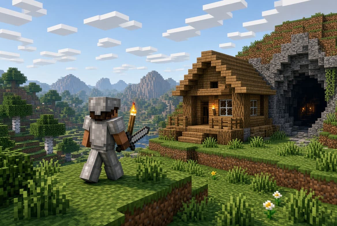 A player in iron armour with a torch, by a wooden cabin built against a cave