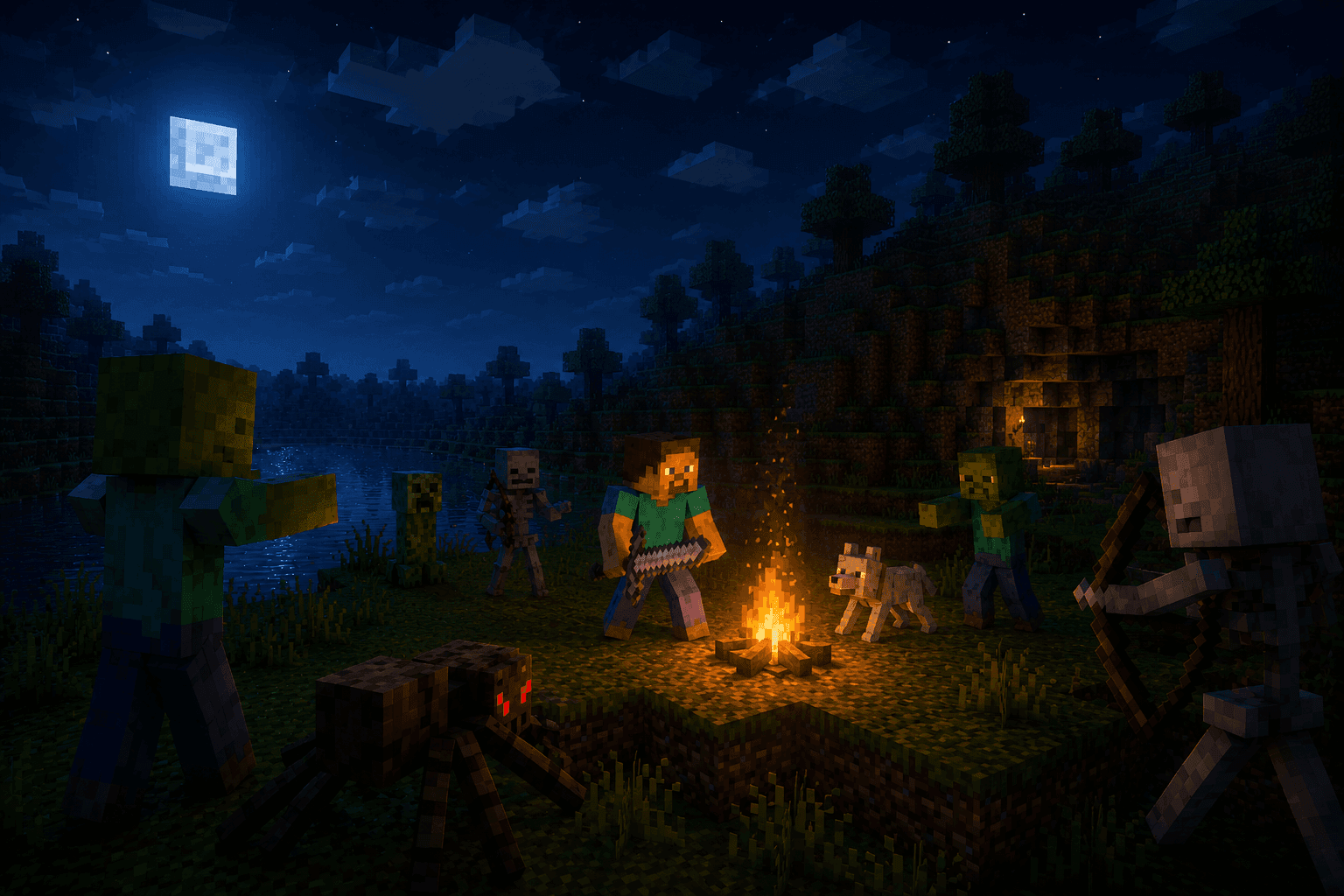 A player by a campfire at night surrounded by mobs